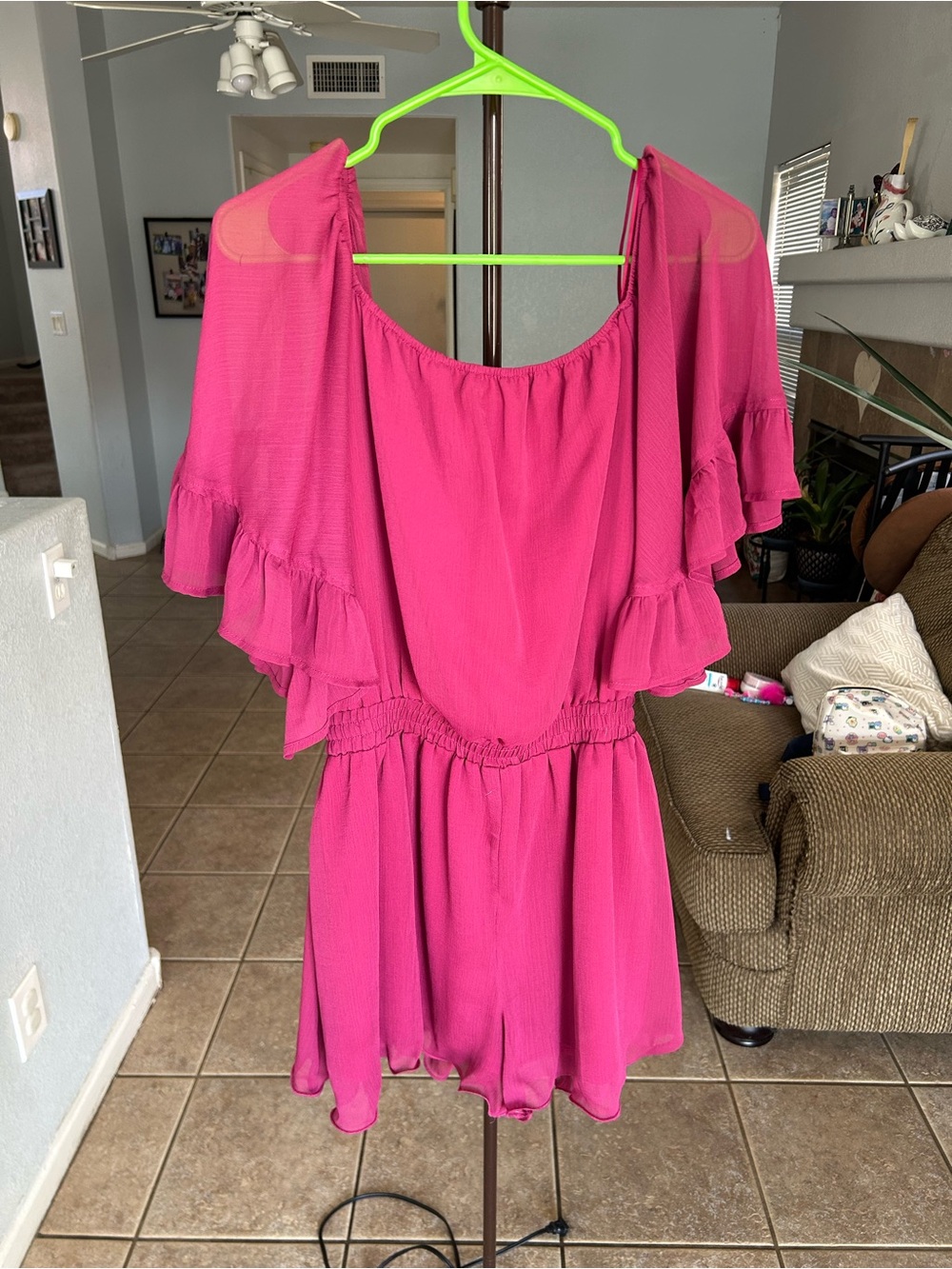 The Impeccable Pig Hot Pink Off-Shoulder Ruffle Romper